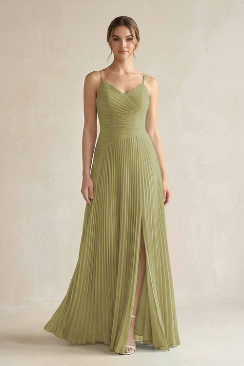 Moss Green Pleated A-Line Long Chiffon Bridesmaid Dress | KISSBRIDAL