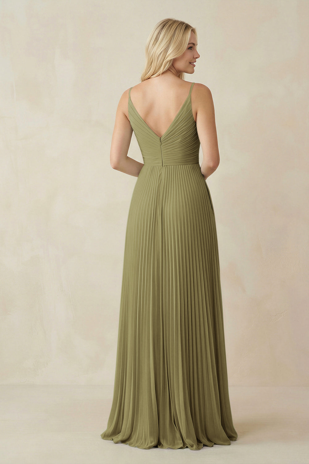 Pleated V-Neck A-Line Chiffon Bridesmaid Dress in Moss Green