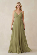 Moss Green Pleated V-Neck A-Line Chiffon Bridesmaid Dress | KISSBRIDAL