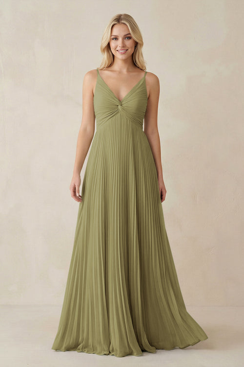 Moss Green Pleated V-Neck A-Line Chiffon Bridesmaid Dress | KISSBRIDAL