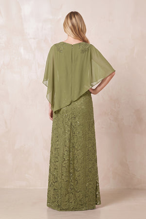 Moss Green Round Neck Lace Sheath Chiffon Cape Sleeves Mother of the Bride Dress (2) | KISSBRIDAL