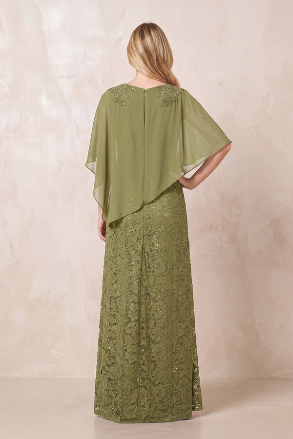 Moss Green Round Neck Lace Sheath Chiffon Cape Sleeves Mother of the Bride Dress (2) | KISSBRIDAL