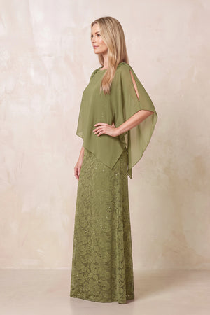 Moss Green Round Neck Lace Sheath Chiffon Cape Sleeves Mother of the Bride Dress (3) | KISSBRIDAL