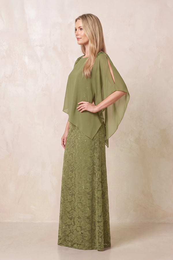 Moss Green Round Neck Lace Sheath Chiffon Cape Sleeves Mother of the Bride Dress (3) | KISSBRIDAL