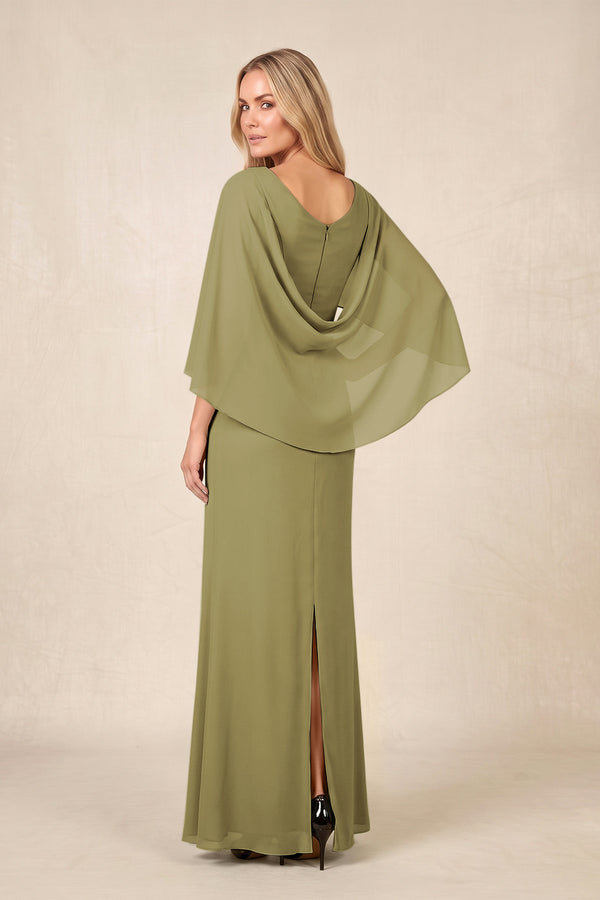 Moss Green Round Neck Sheath Chiffon Cape Sleeves Ruched Mother of the Bride Dress (2) | KISSBRIDAL