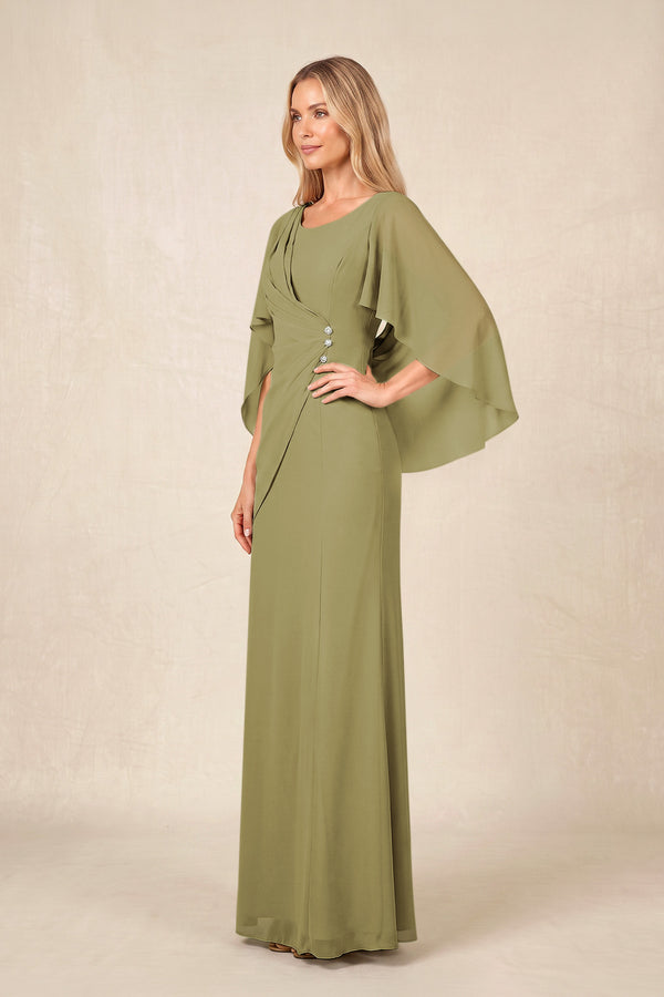 Moss Green Round Neck Sheath Chiffon Cape Sleeves Ruched Mother of the Bride Dress (3) | KISSBRIDAL