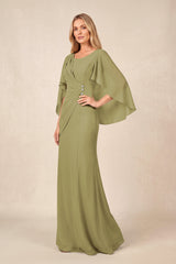 Moss Green Round Neck Sheath Chiffon Cape Sleeves Ruched Mother of the Bride Dress | KISSBRIDAL