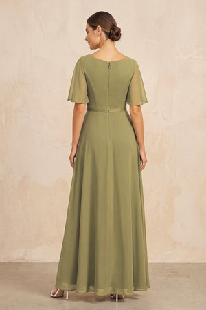 Moss Green Ruched A-Line Chiffon V-Neck Mother of the Bride Dress with Sleeves (2) | KISSBRIDAL
