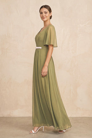 Moss Green Ruched A-Line Chiffon V-Neck Mother of the Bride Dress with Sleeves (3) | KISSBRIDAL