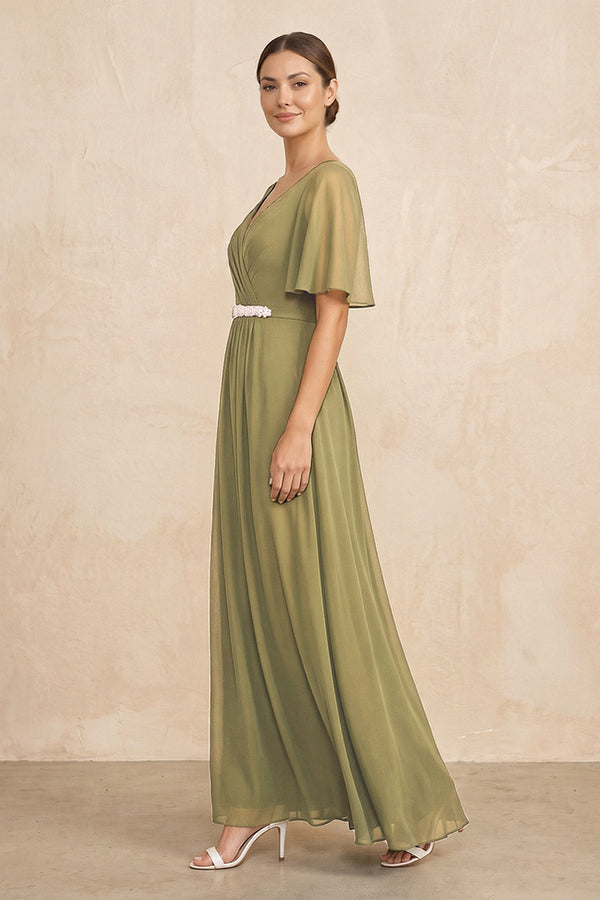 Moss Green Ruched A-Line Chiffon V-Neck Mother of the Bride Dress with Sleeves (3) | KISSBRIDAL