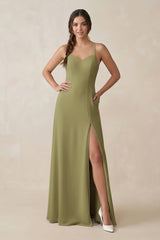 Moss Green Ruched Sheath Chiffon Bridesmaid Dress | KISSBRIDAL