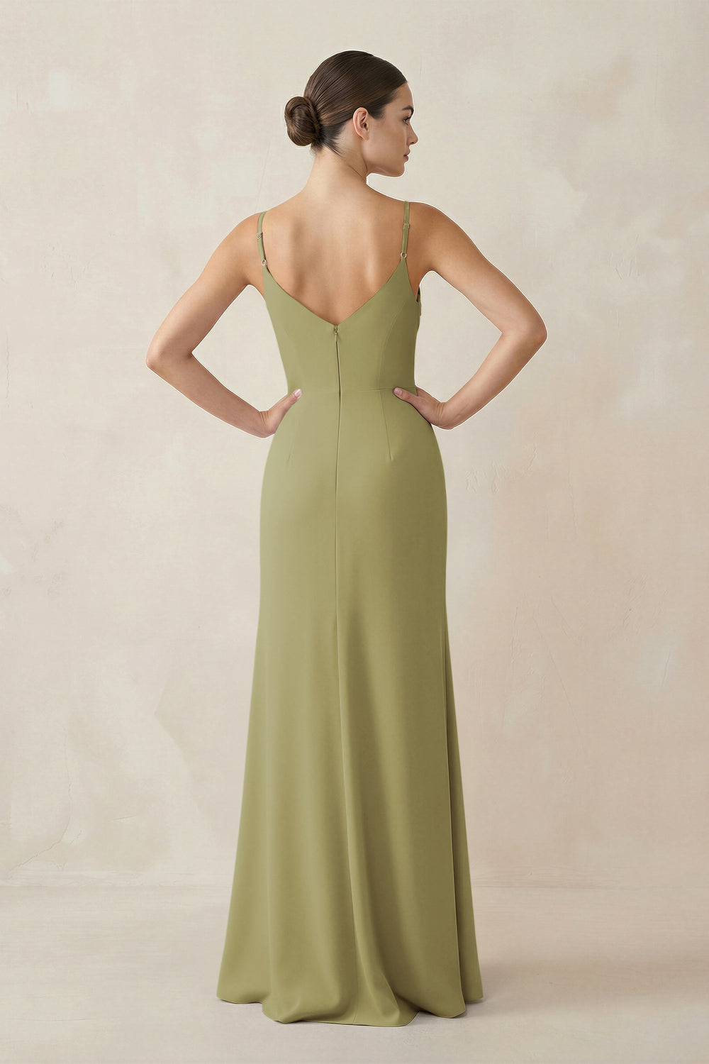 Ruched Sheath Spaghetti Strap Chiffon Bridesmaid Dress in Moss Green