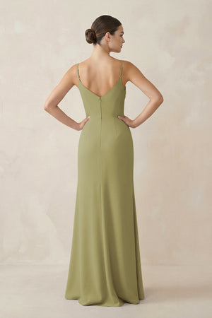 Moss Green Ruched Sheath Spaghetti Strap Chiffon Bridesmaid Dress (2) | KISSBRIDAL