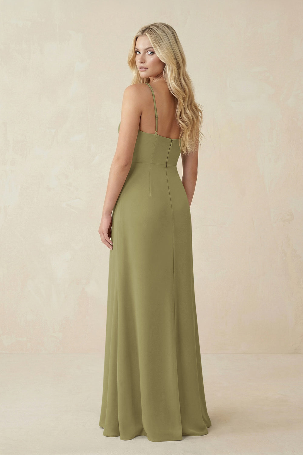 Ruched Sheath Spaghetti Strap Chiffon Bridesmaid Dress in Moss Green