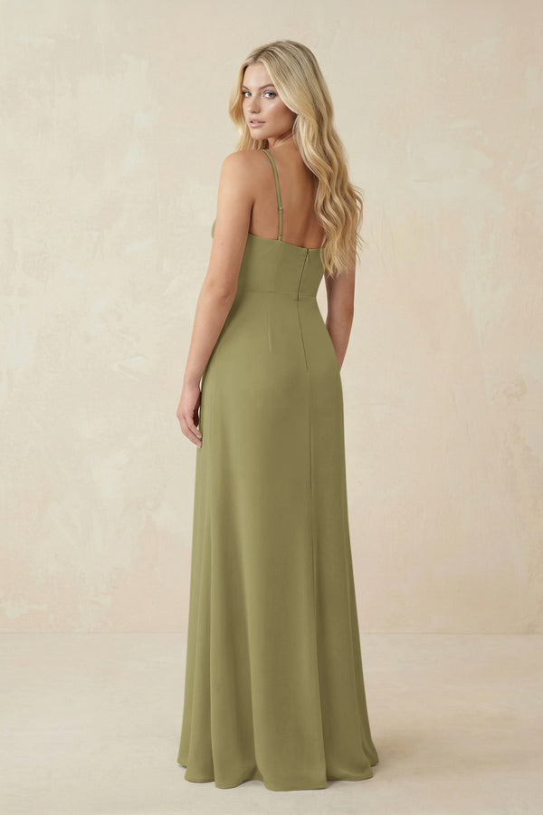 Moss Green Ruched Sheath Spaghetti Strap Chiffon Bridesmaid Dress (2) | KISSBRIDAL