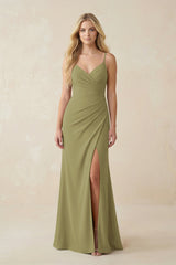 Moss Green Ruched Sheath Spaghetti Strap Chiffon Bridesmaid Dress | KISSBRIDAL
