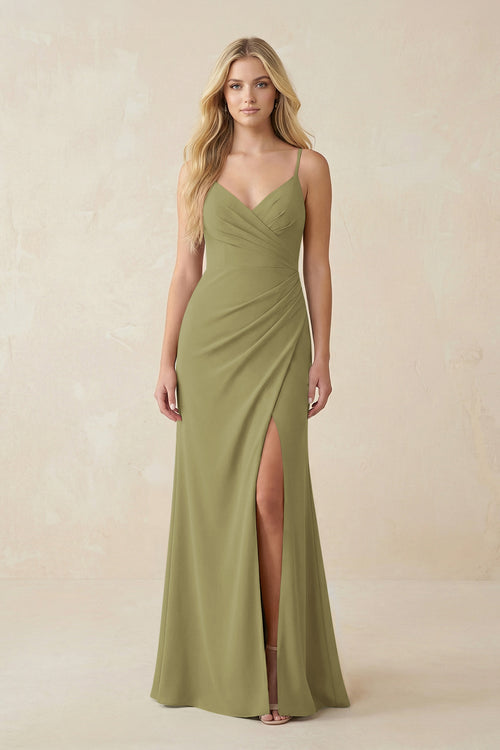 Moss Green Ruched Sheath Spaghetti Strap Chiffon Bridesmaid Dress | KISSBRIDAL