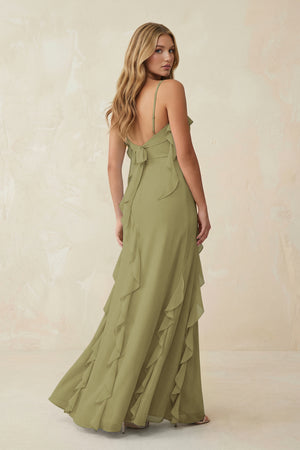 Moss Green Ruffled Cami Strap Chiffon Sheath Bridesmaid Dress (2) | KISSBRIDAL