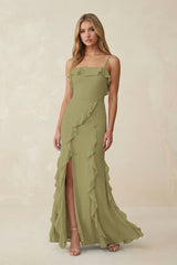 Moss Green Ruffled Cami Strap Chiffon Sheath Bridesmaid Dress | KISSBRIDAL