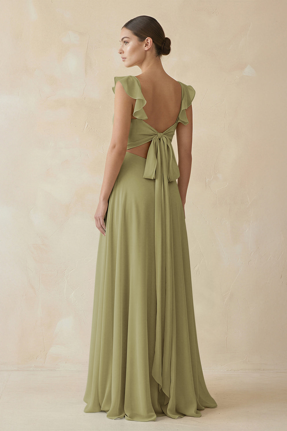 Ruffled Chiffon A-Line Long Bridesmaid Dress in Moss Green