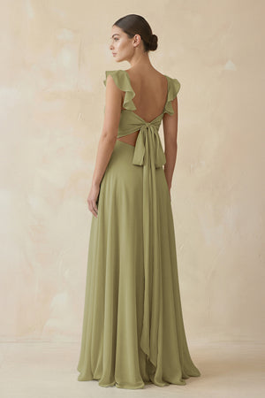 Moss Green Ruffled Chiffon A-Line Long Bridesmaid Dress (2) | KISSBRIDAL