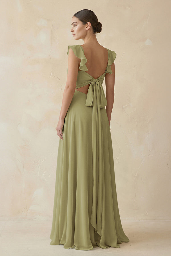 Moss Green Ruffled Chiffon A-Line Long Bridesmaid Dress (2) | KISSBRIDAL