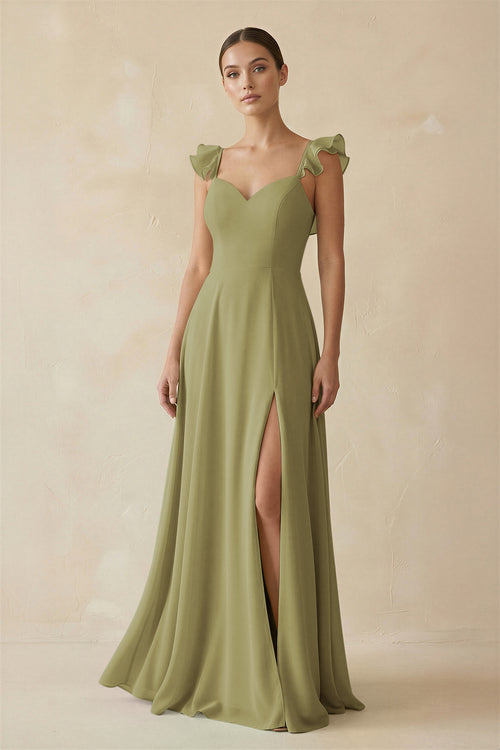Moss Green Ruffled Chiffon A-Line Long Bridesmaid Dress | KISSBRIDAL