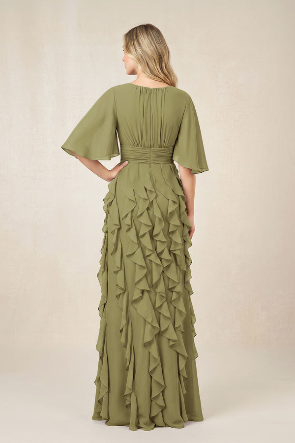 Moss Green Ruffled Chiffon Half Sleeves A-Line Mother of the Bride Dress (2) | KISSBRIDAL