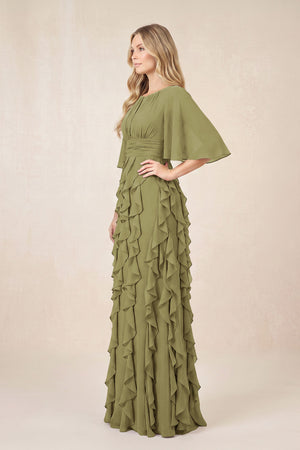 Moss Green Ruffled Chiffon Half Sleeves A-Line Mother of the Bride Dress (3) | KISSBRIDAL