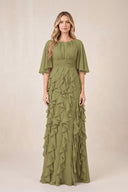 Moss Green Ruffled Chiffon Half Sleeves A-Line Mother of the Bride Dress | KISSBRIDAL