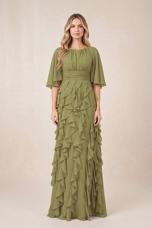 Moss Green Ruffled Chiffon Half Sleeves A-Line Mother of the Bride Dress | KISSBRIDAL