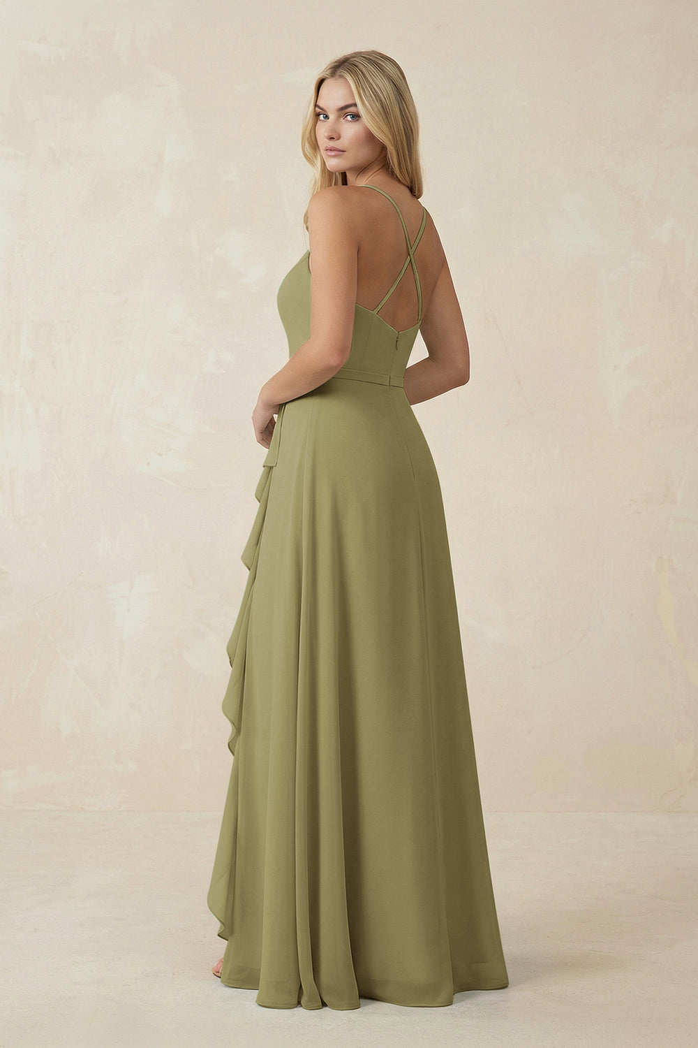 Ruffled Hem A-Line Chiffon Bridesmaid Dress in Moss Green