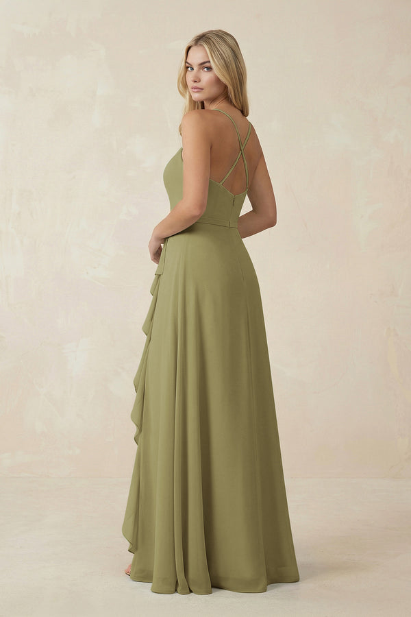 Moss Green Ruffled Hem A-Line Chiffon Bridesmaid Dress (2) | KISSBRIDAL
