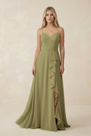 Moss Green Ruffled Hem A-Line Chiffon Bridesmaid Dress | KISSBRIDAL