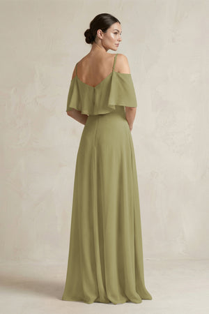 Moss Green Ruffled Off-the-Shoulder A-Line Chiffon Bridesmaid Gown (2) | KISSBRIDAL