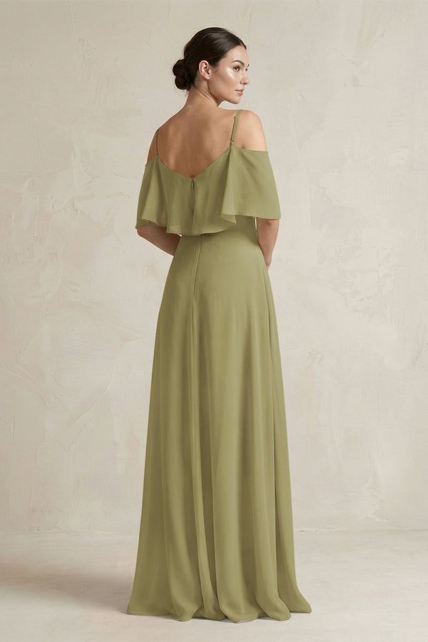Moss Green Ruffled Off-the-Shoulder A-Line Chiffon Bridesmaid Gown (2) | KISSBRIDAL