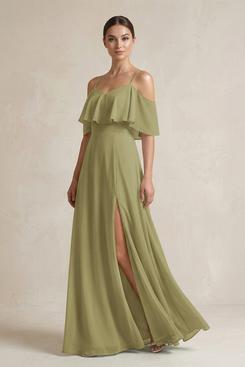 Moss Green Ruffled Off-the-Shoulder A-Line Chiffon Bridesmaid Gown | KISSBRIDAL