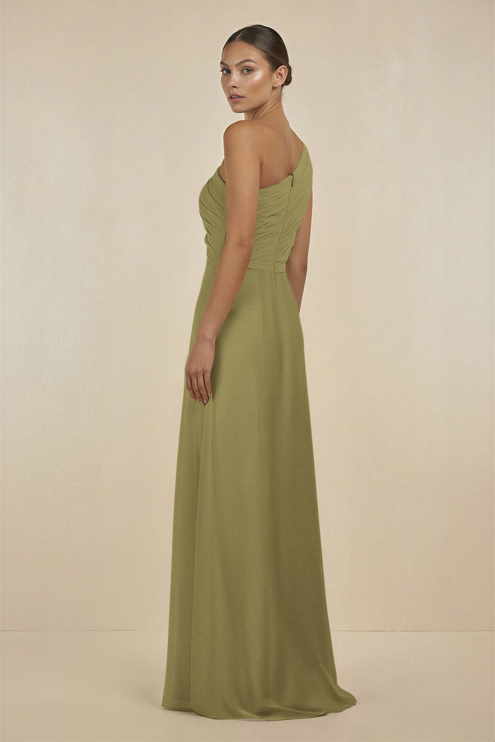 Ruffled One-Shoulder Pleated Sheath Bridesmaid Dress in Moss Green