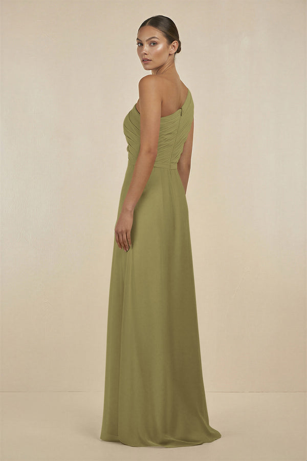 Moss Green Ruffled One-Shoulder Pleated Sheath Bridesmaid Dress (2) | KISSBRIDAL