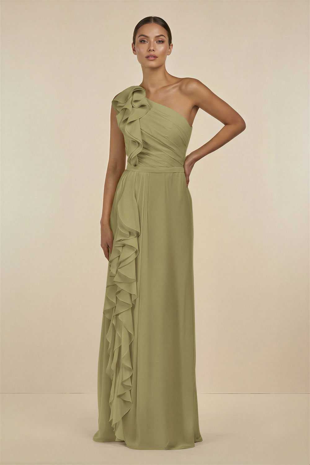 Ruffled One-Shoulder Pleated Sheath Bridesmaid Dress in Moss Green