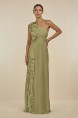 Moss Green Ruffled One-Shoulder Pleated Sheath Bridesmaid Dress | KISSBRIDAL