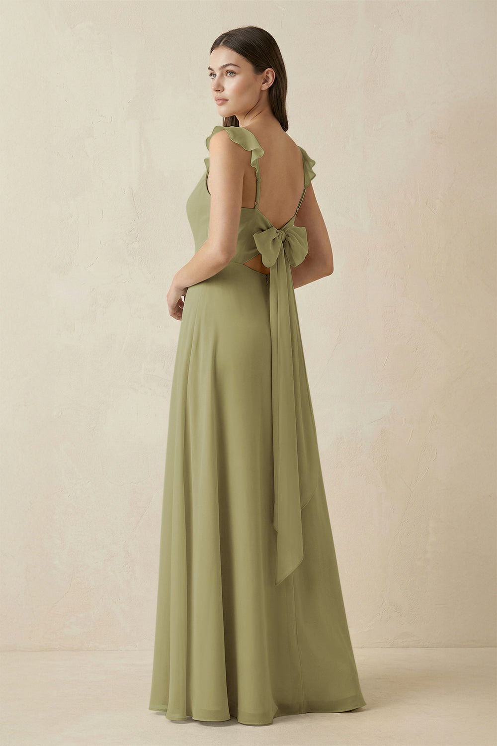 Ruffled Sleeve A-Line Chiffon Bridesmaid Dress in Moss Green