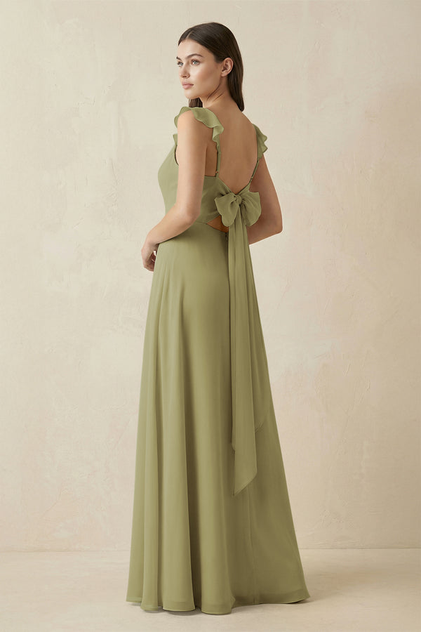 Moss Green Ruffled Sleeve A-Line Chiffon Bridesmaid Dress (2) | KISSBRIDAL