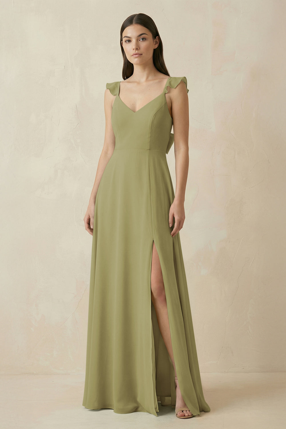 Ruffled Sleeve A-Line Chiffon Bridesmaid Dress in Moss Green