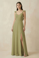 Moss Green Ruffled Sleeve A-Line Chiffon Bridesmaid Dress | KISSBRIDAL