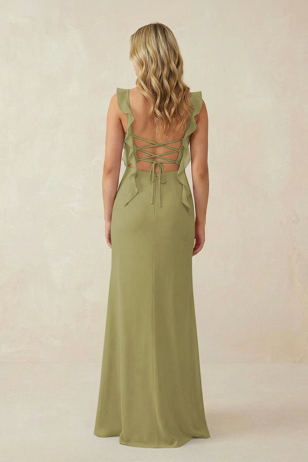 Ruffled Sleeve Ruched Sheath Chiffon Bridesmaid Dress in Moss Green