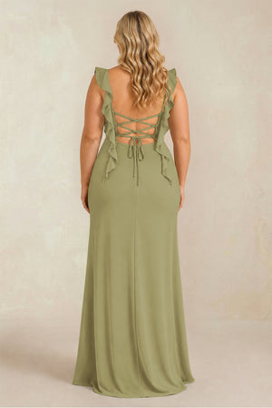 Moss Green Ruffled Sleeve Ruched Sheath Chiffon Bridesmaid Dress (2) [sizeplus] | KISSBRIDAL