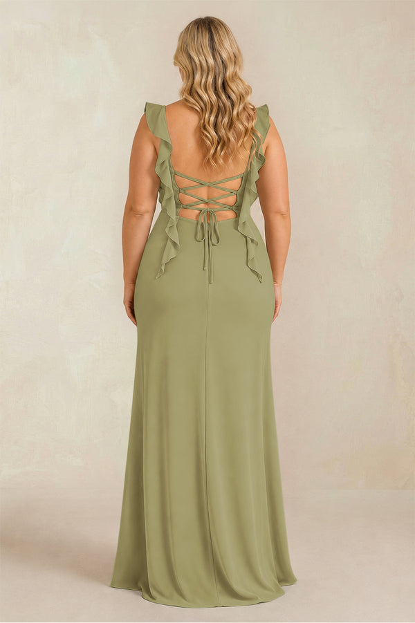 Moss Green Ruffled Sleeve Ruched Sheath Chiffon Bridesmaid Dress (2) [sizeplus] | KISSBRIDAL
