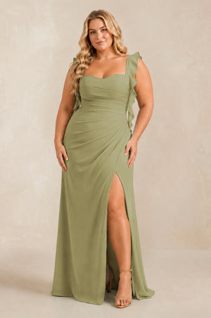 Moss Green Ruffled Sleeve Ruched Sheath Chiffon Bridesmaid Dress [sizeplus] | KISSBRIDAL