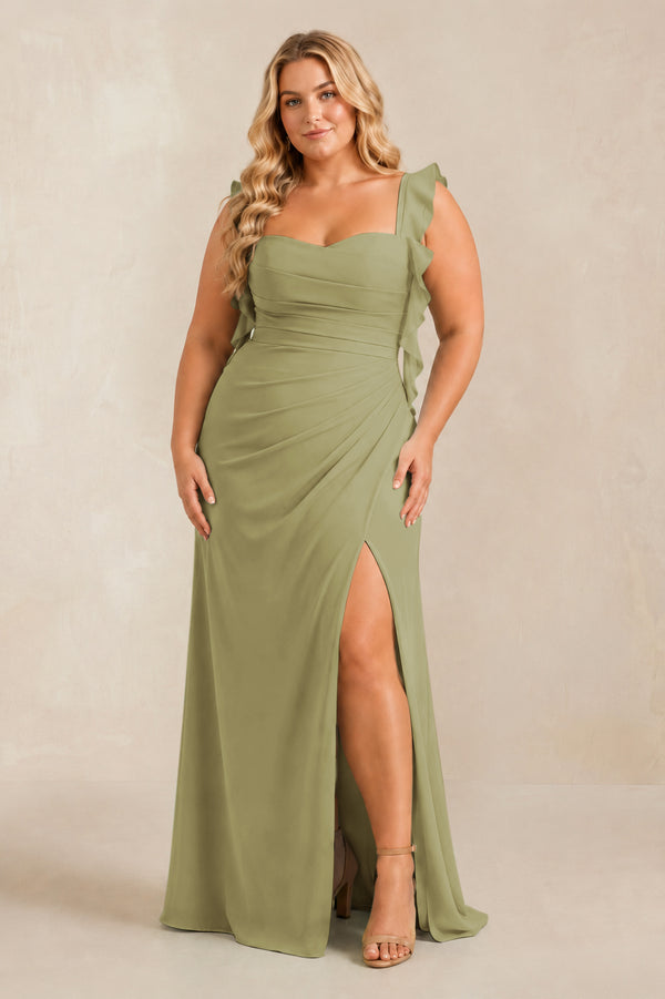 Moss Green Ruffled Sleeve Ruched Sheath Chiffon Bridesmaid Dress [sizeplus] | KISSBRIDAL